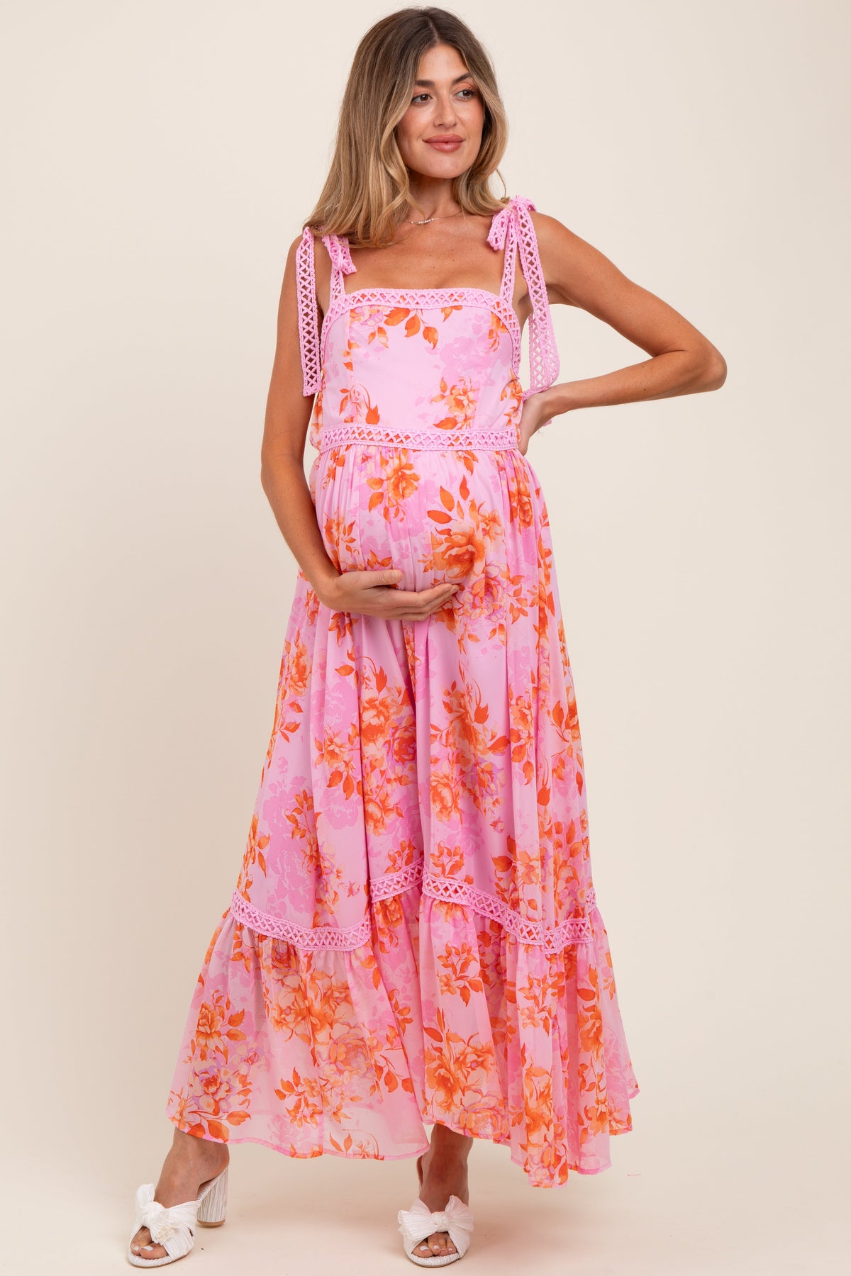 Pink Floral Shoulder Tie Tiered Maternity Maxi Dress