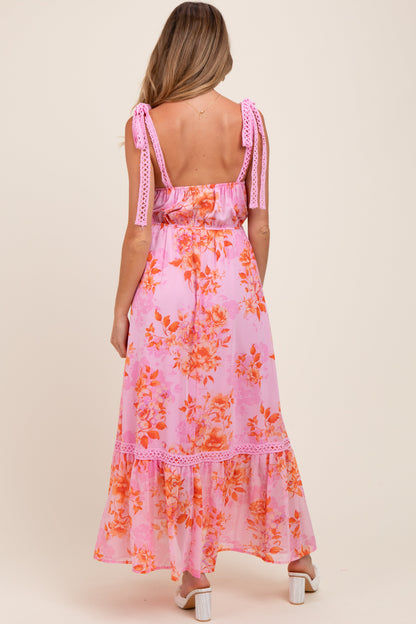 Pink Floral Shoulder Tie Tiered Maternity Maxi Dress