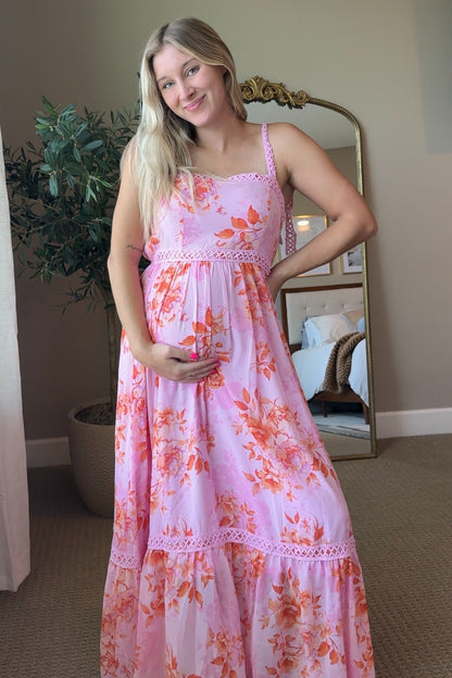 Pink Floral Shoulder Tie Tiered Maternity Maxi Dress