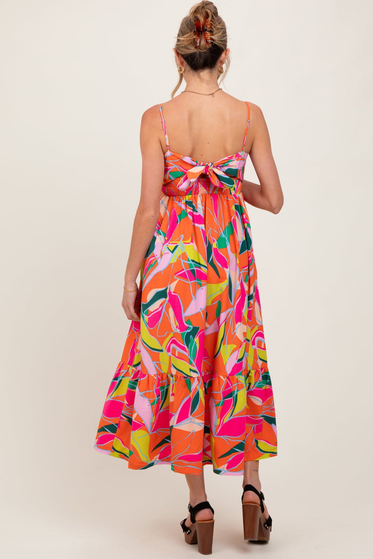 Orange Leaf Print Tie Back Maternity Maxi Dress