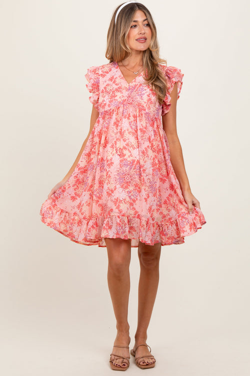 Pink Floral Chiffon Ruffle Short Sleeve Maternity Dress