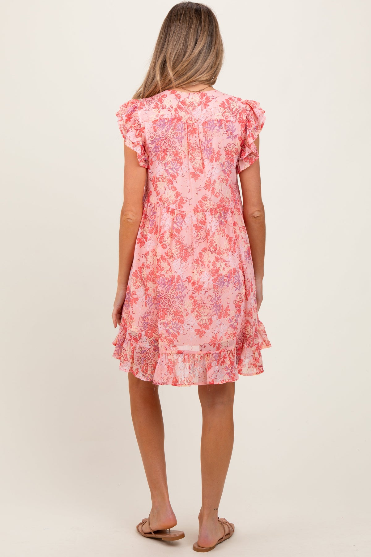 Pink Floral Chiffon Ruffle Short Sleeve Maternity Dress