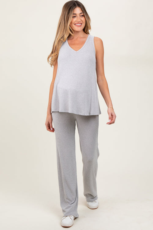 Heather Grey Rib Knit Tank and Pant Maternity Set