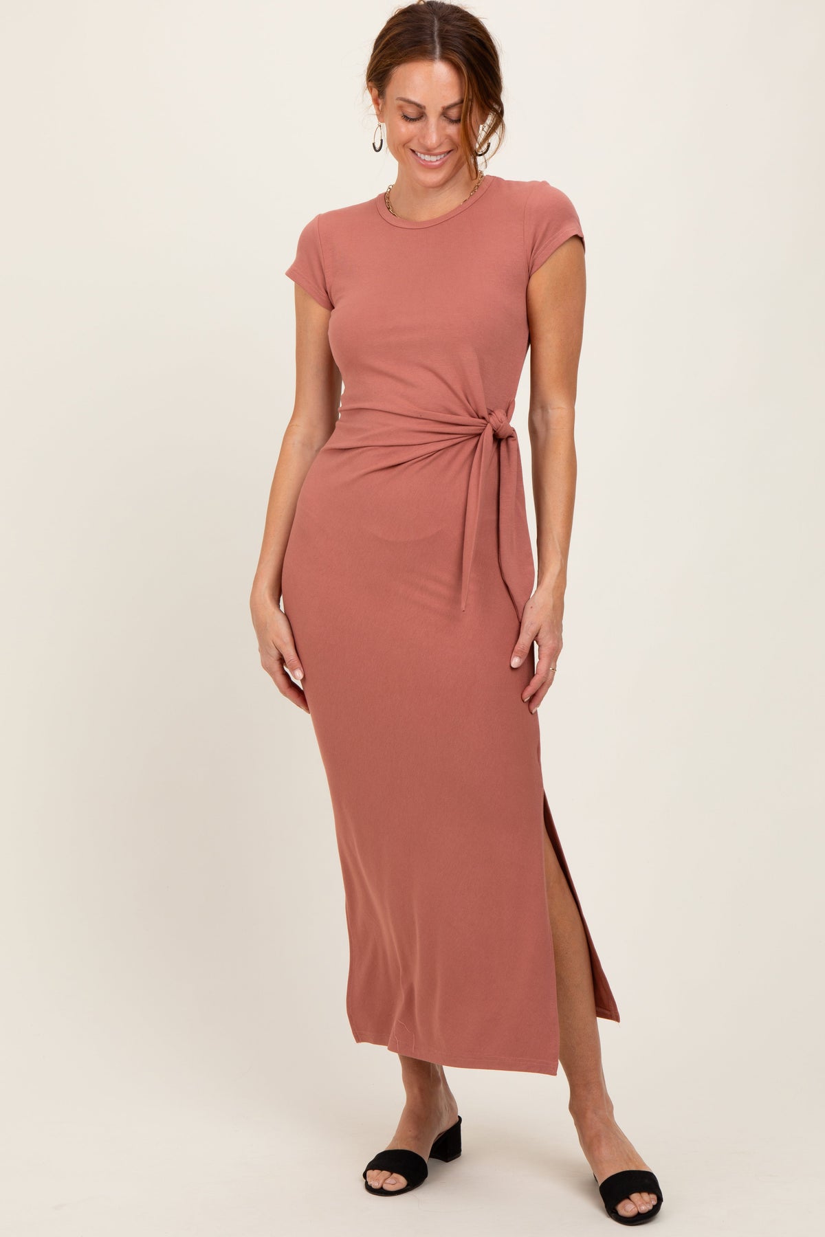 Mauve Side Knot Tie Short Sleeve Maternity Midi Dress