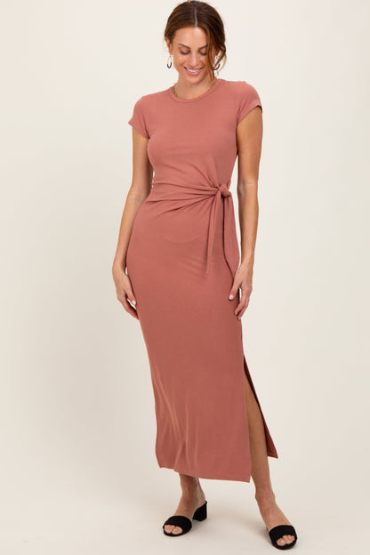 Mauve Side Knot Tie Short Sleeve Maternity Midi Dress