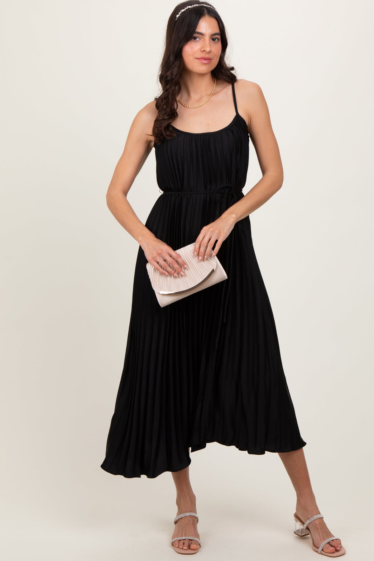 Black Pleated Sash Tie Maternity Midi Dress