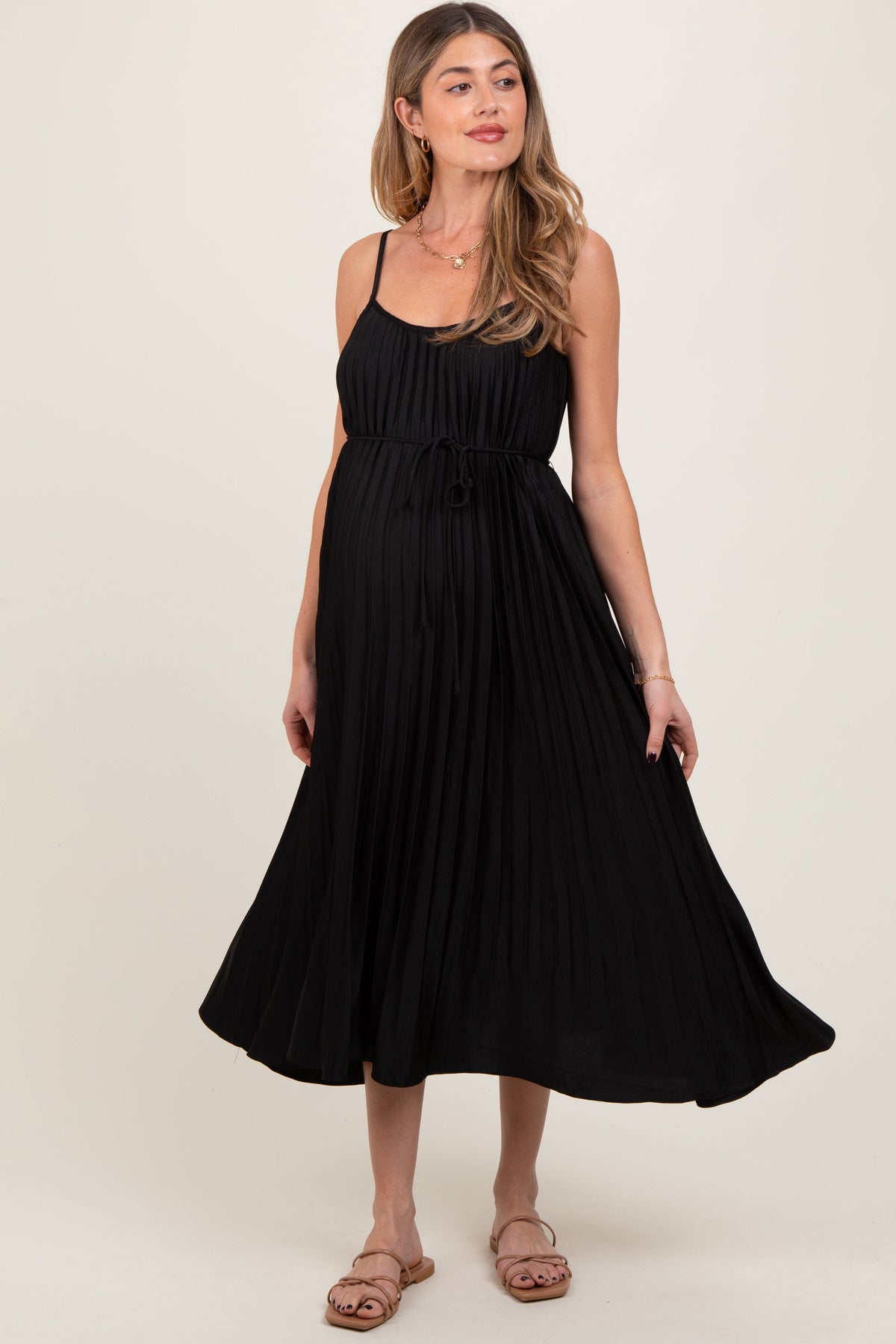 Black Pleated Sash Tie Maternity Midi Dress