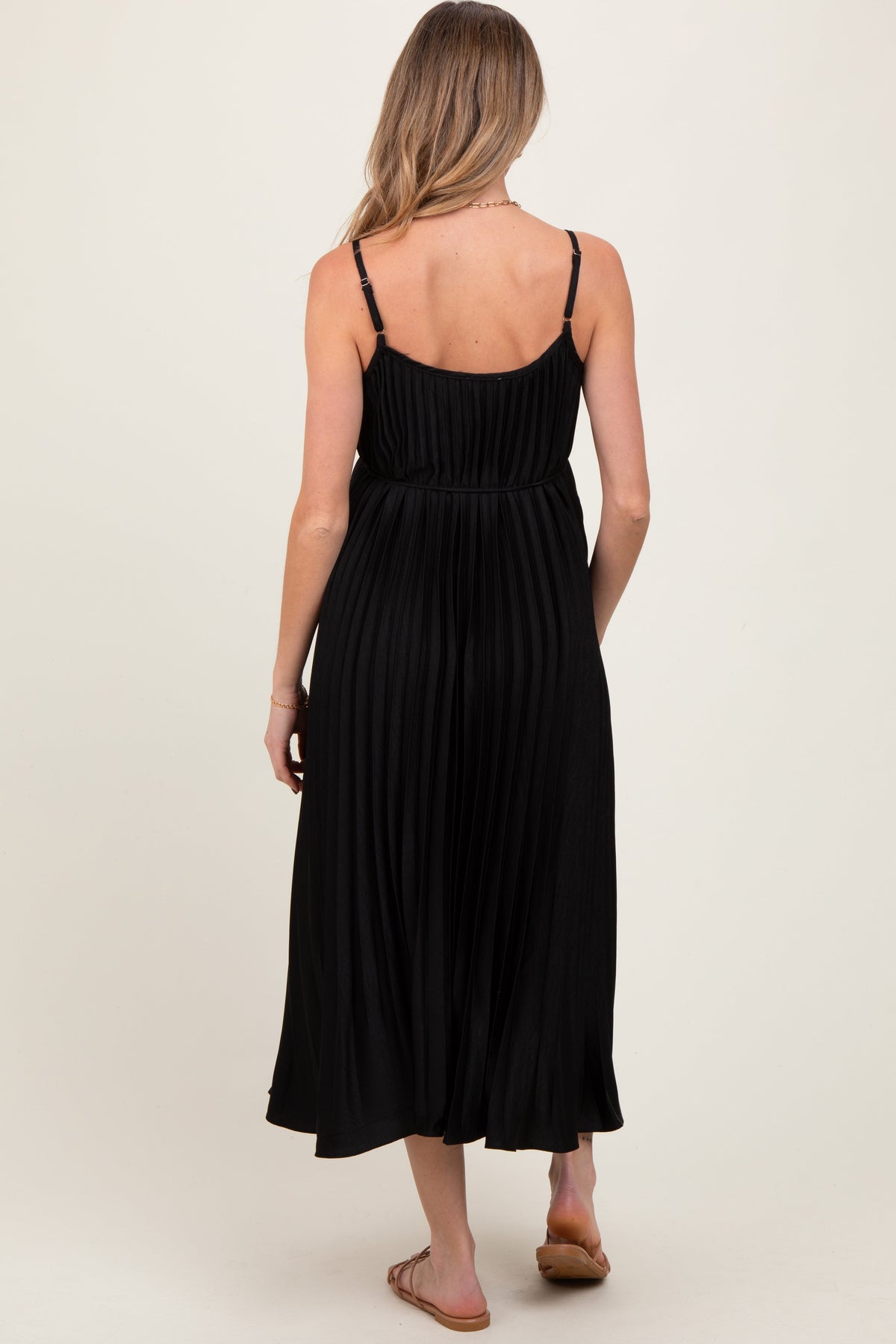 Black Pleated Sash Tie Maternity Midi Dress
