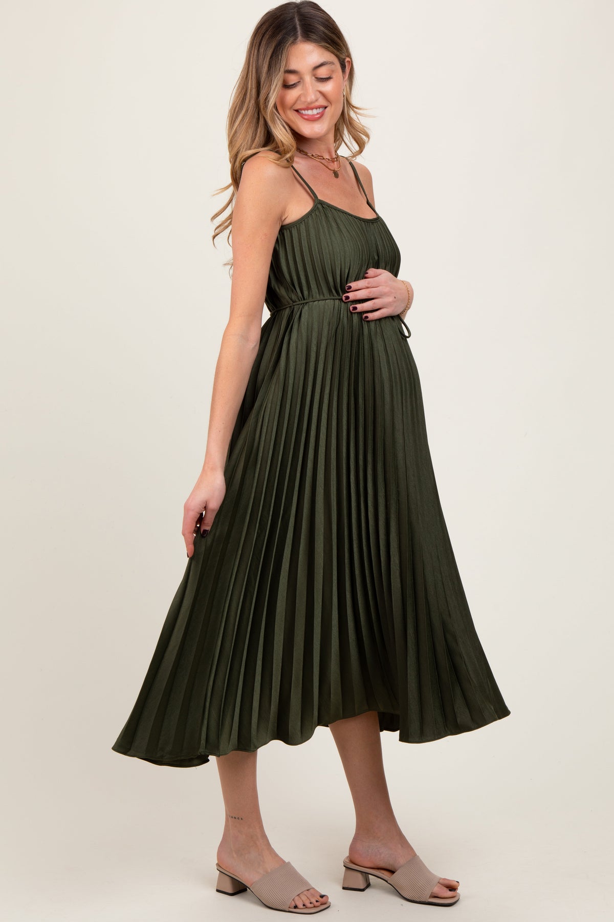 Olive Pleated Sash Tie Maternity Midi Dress