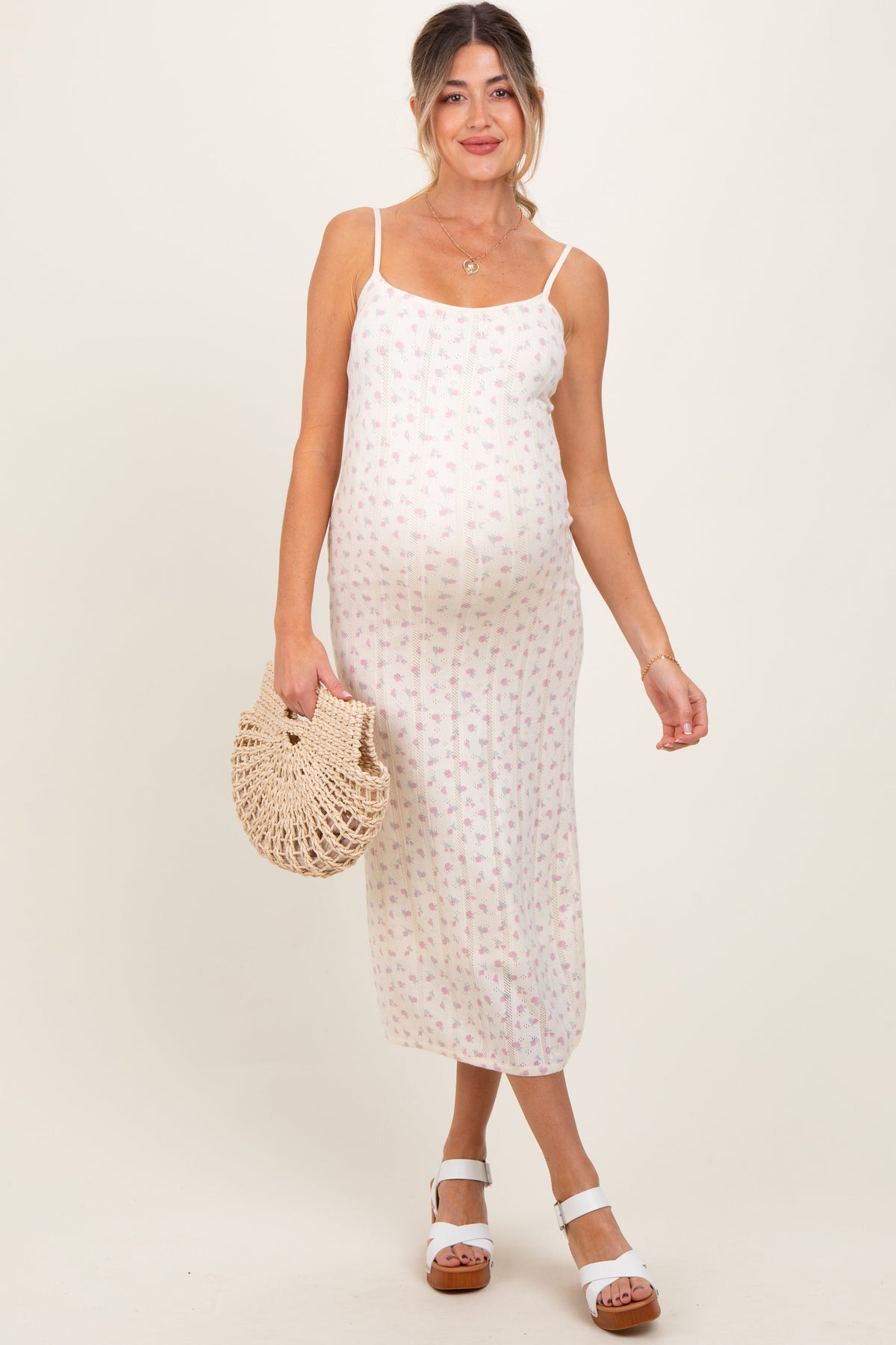 Ivory Floral Pointelle Knit Maternity Midi Dress