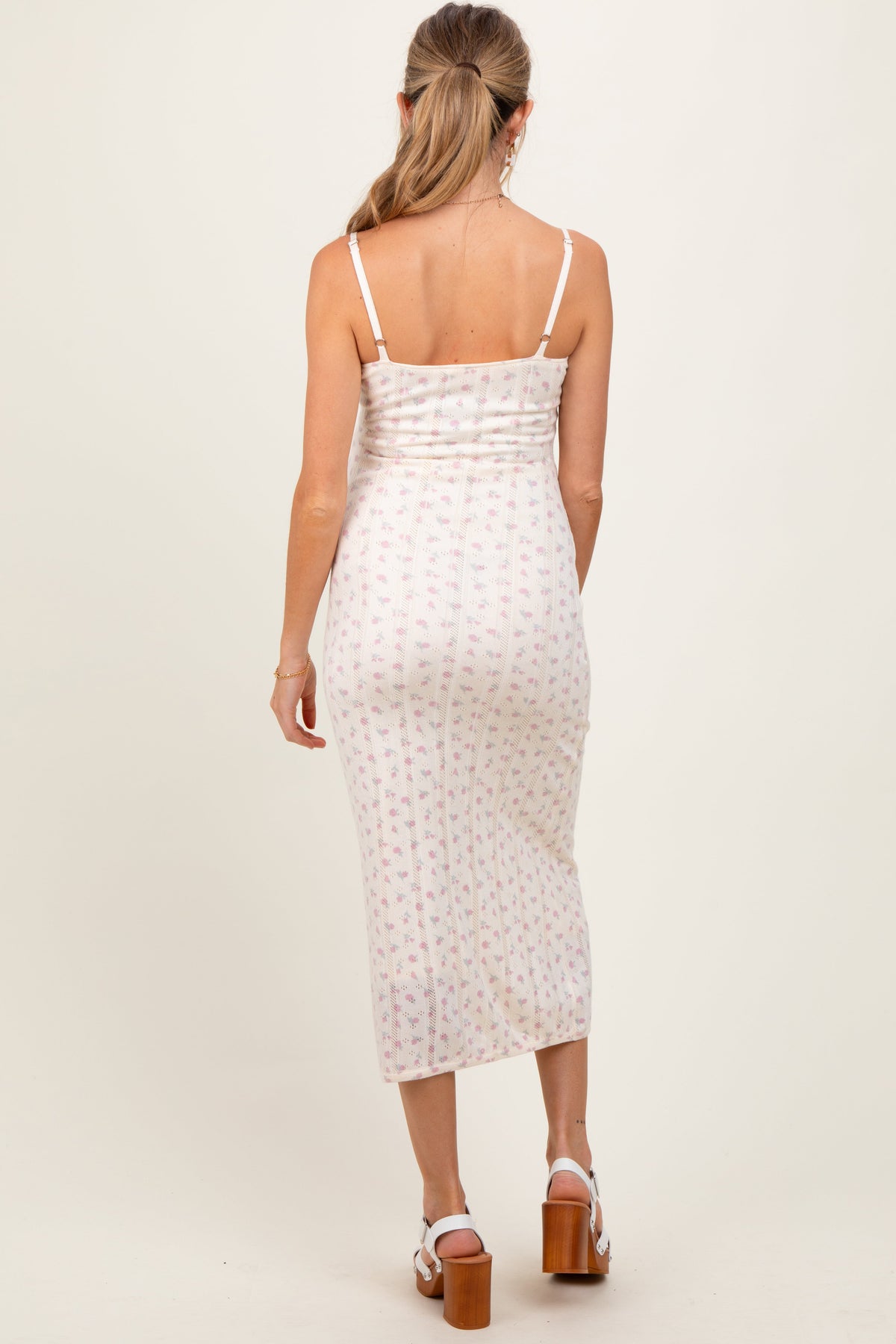 Ivory Floral Pointelle Knit Maternity Midi Dress