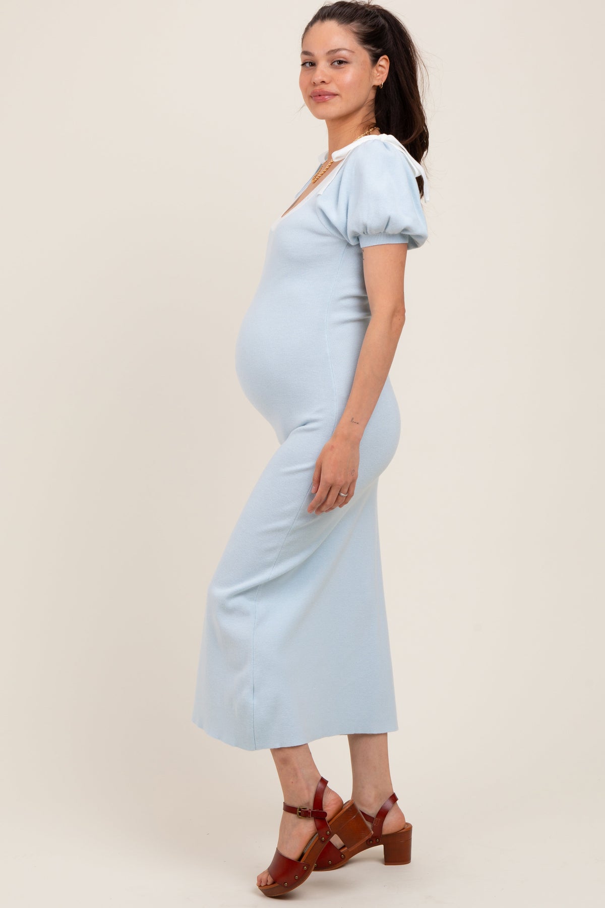 Light Blue Shoulder Bow Puff Sleeve Maternity Sweater Dress