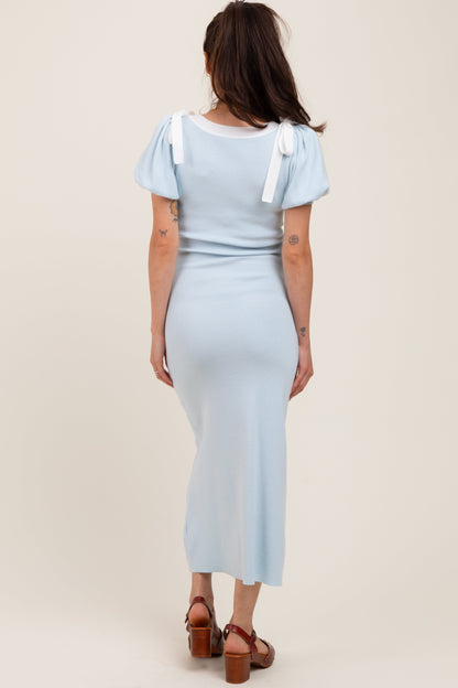 Light Blue Shoulder Bow Puff Sleeve Maternity Sweater Dress