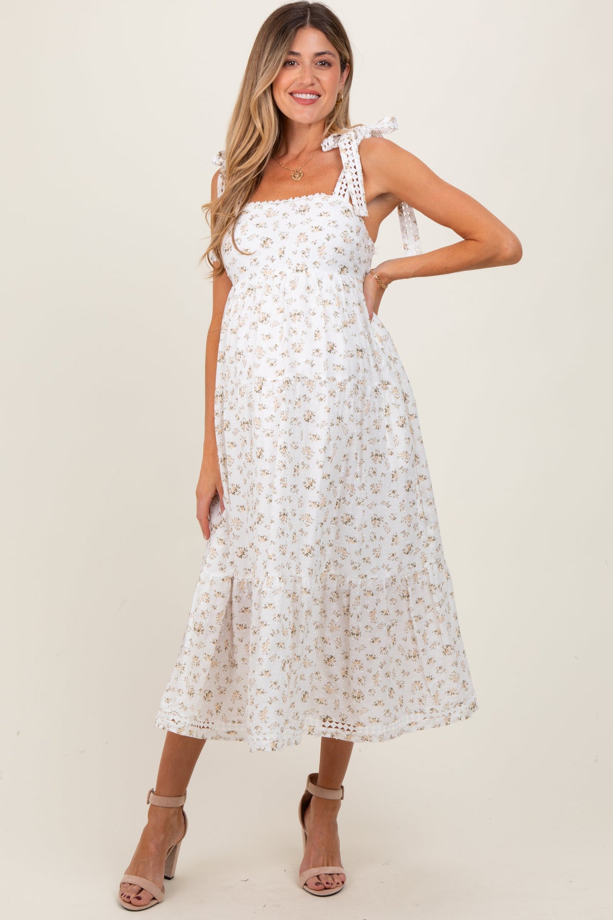 Light Yellow Floral Shoulder Tie Maternity Midi Dress