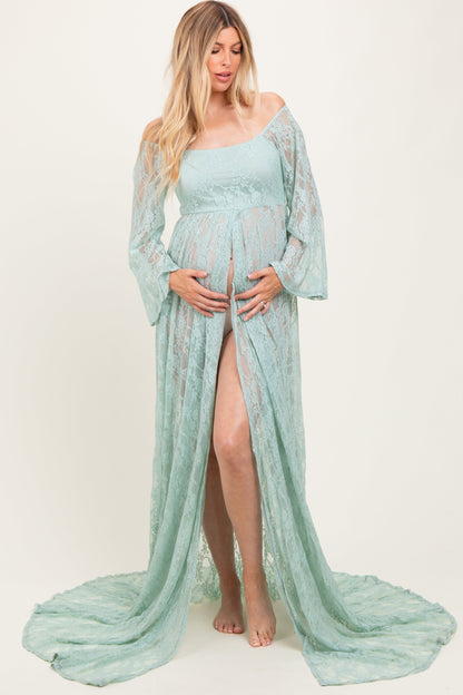 Mint Lace Long Sleeve Off Shoulder Slit Draped Maternity Photoshoot Dress