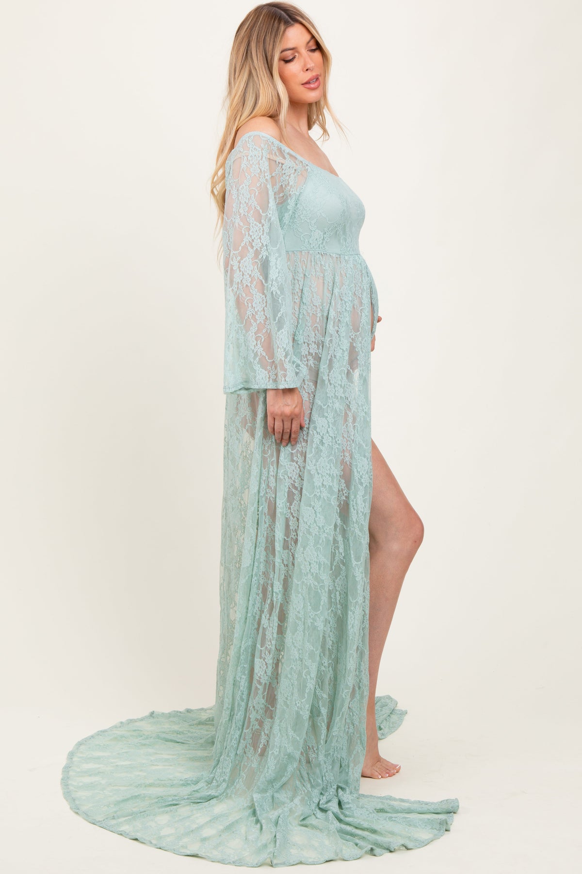 Mint Lace Long Sleeve Off Shoulder Slit Draped Maternity Photoshoot Dress