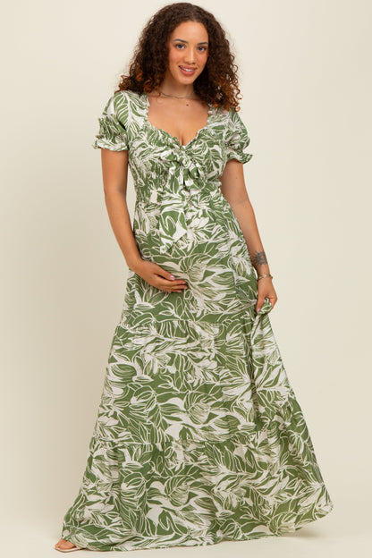 Green Tropical Print Smocked Front Tie Maternity Maxi Dress
