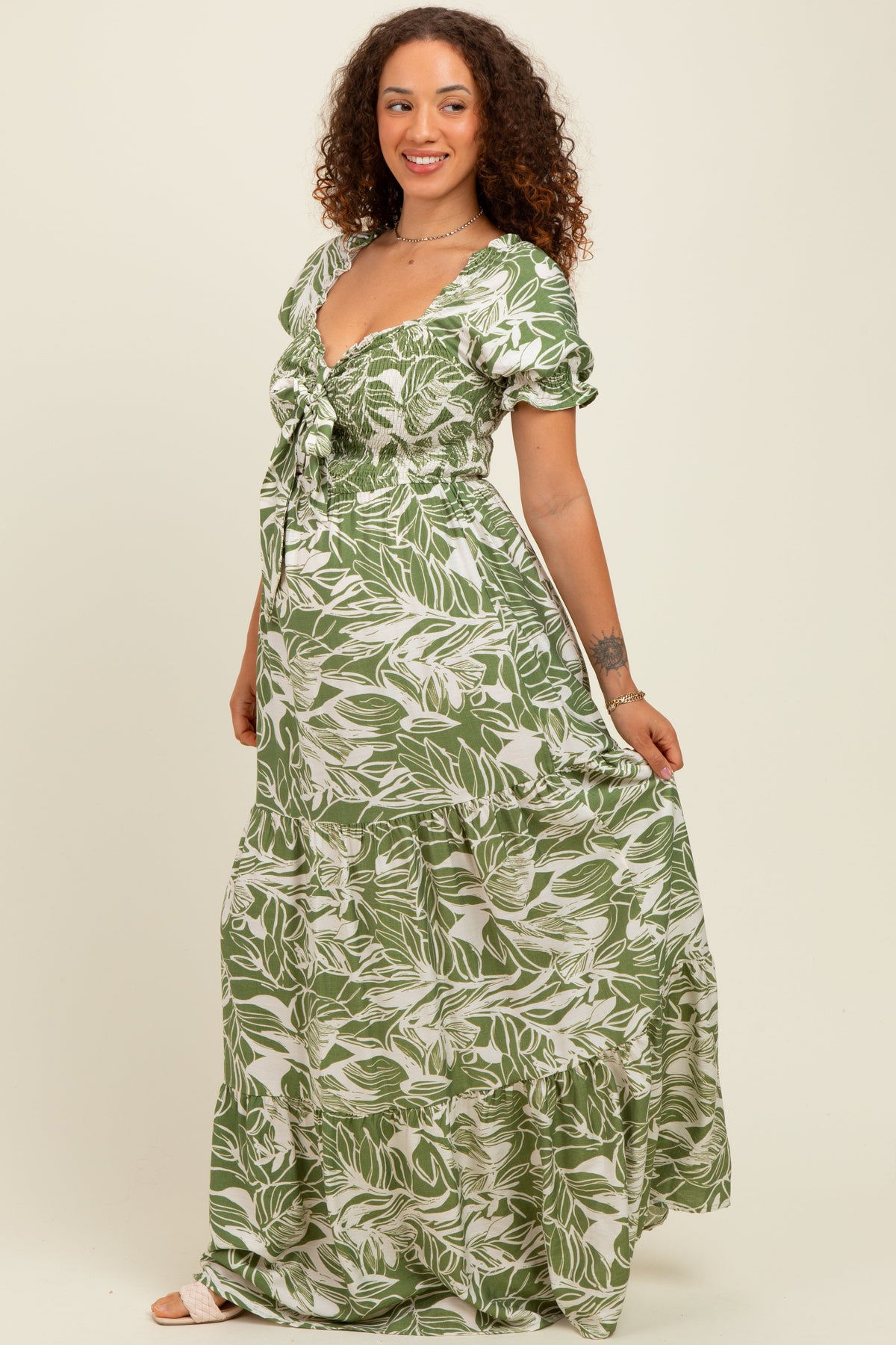 Green Tropical Print Smocked Front Tie Maternity Maxi Dress
