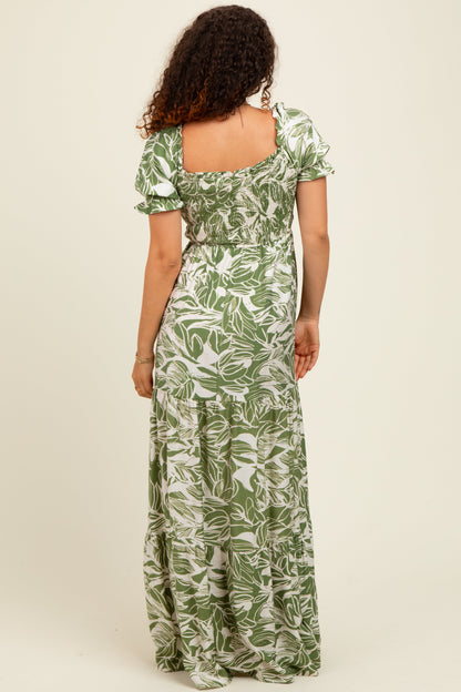Green Tropical Print Smocked Front Tie Maternity Maxi Dress