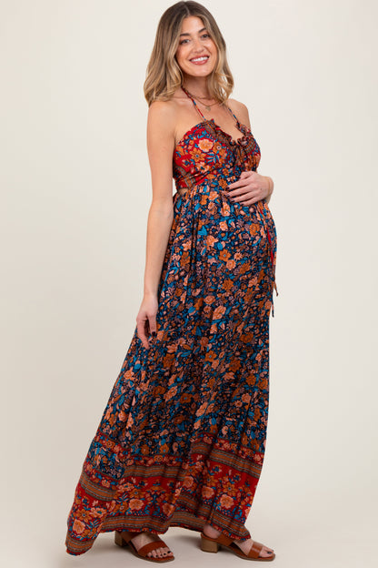 Navy Floral Colorblock Halter Tie Back Maternity Maxi Dress