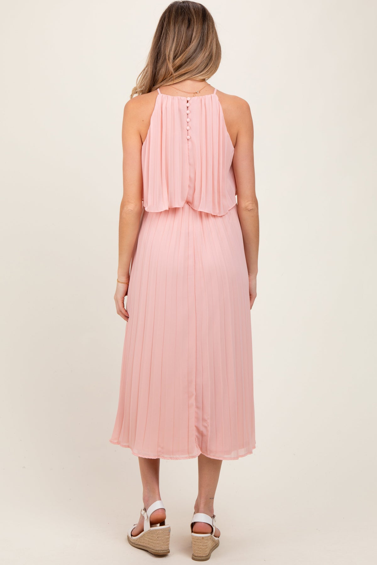 Pink Pleated Woven Maternity Midi Dress
