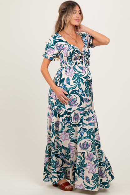 Teal Floral Smocked Front Tie Maternity Maxi Dress