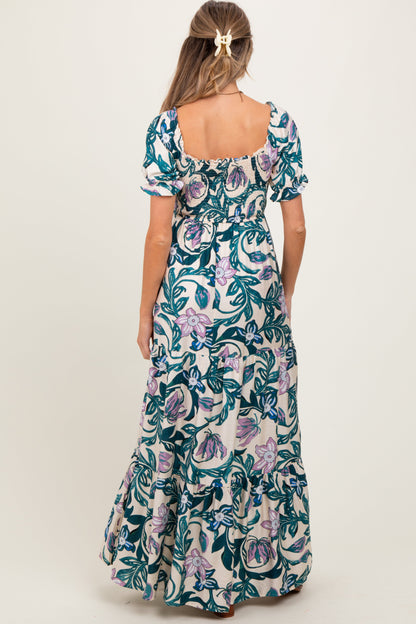 Teal Floral Smocked Front Tie Maternity Maxi Dress