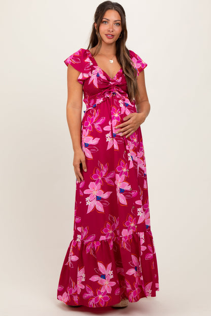 Magenta Floral Smocked Cinched Top Maternity Maxi Dress