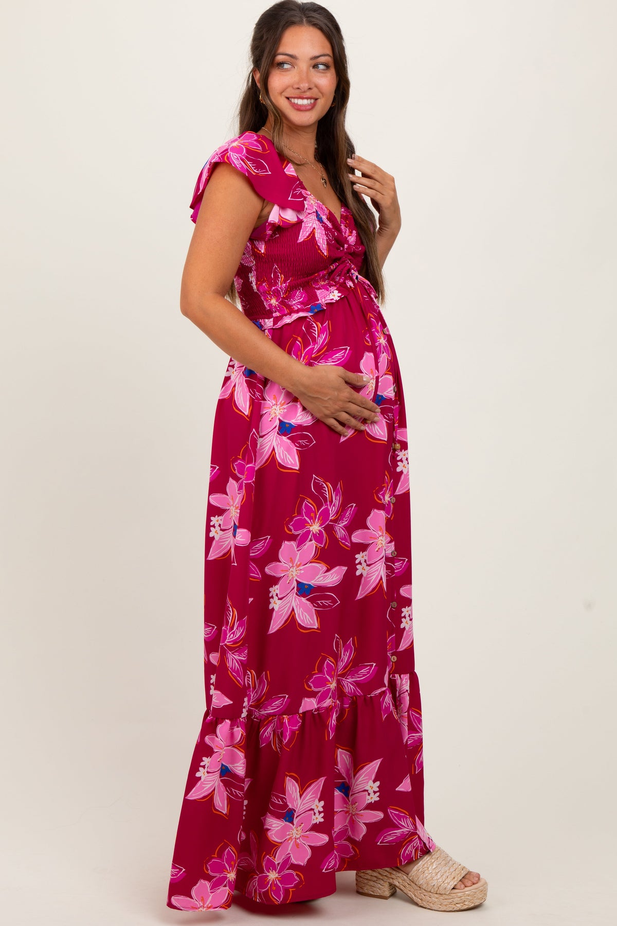 Magenta Floral Smocked Cinched Top Maternity Maxi Dress
