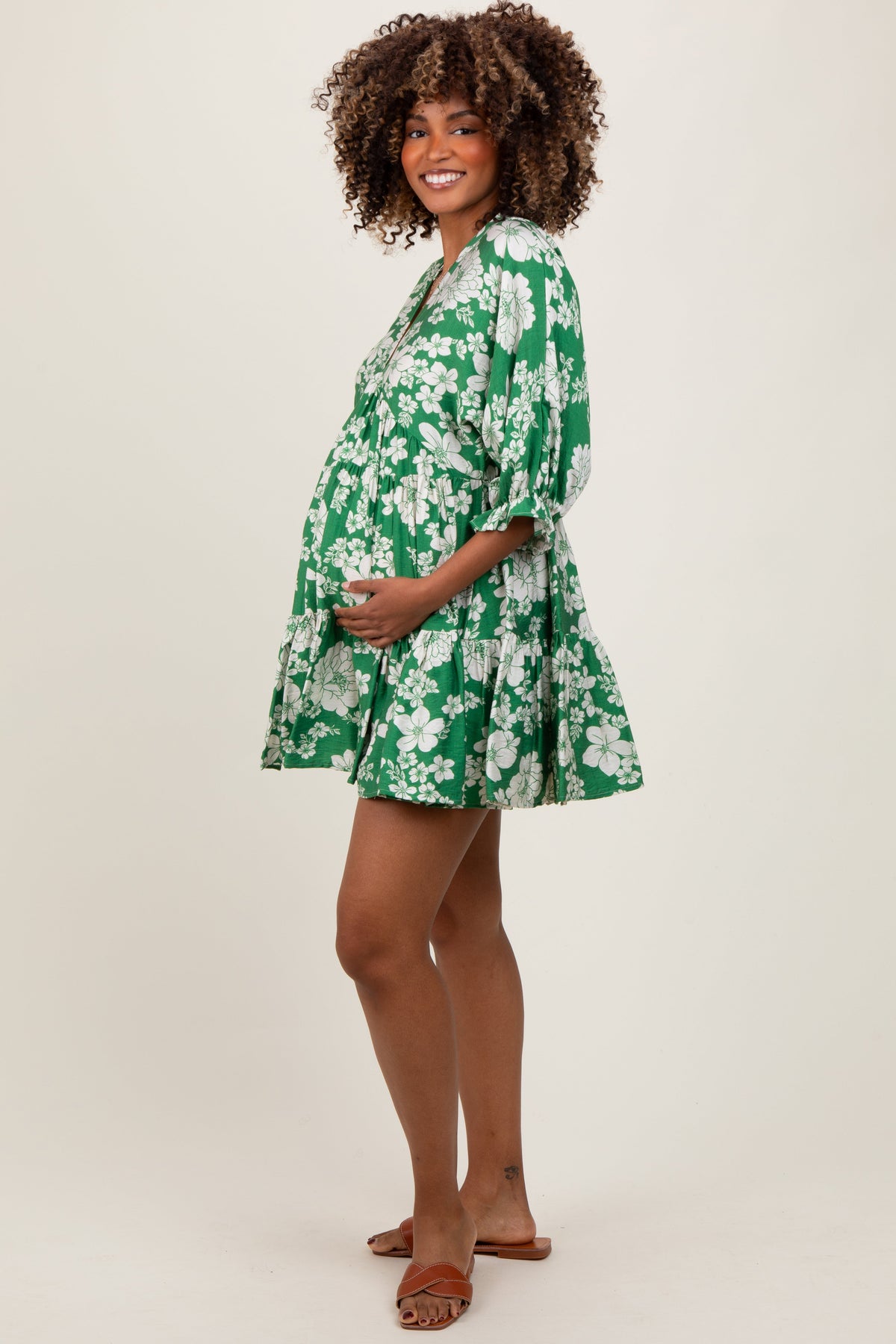 Green Floral Deep V-Neck Maternity Mini Dress