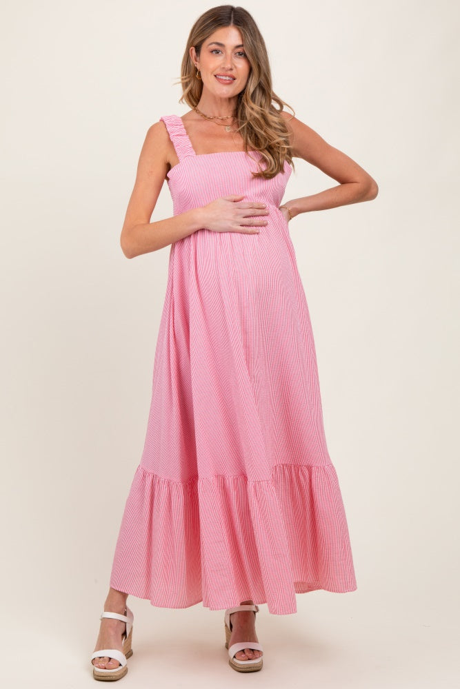 Red Scrunch Strap Back Tie Ruffle Maternity Maxi Dress
