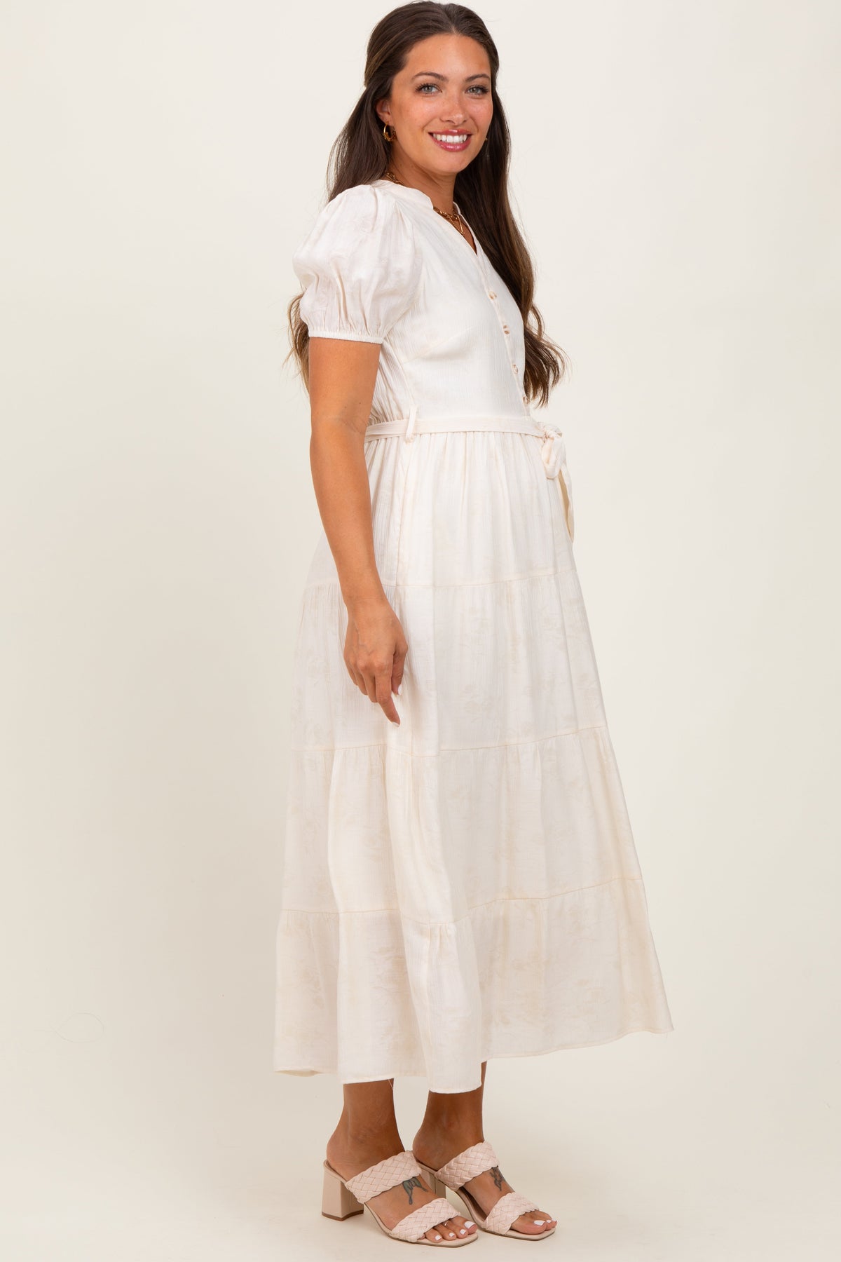 Cream Split Neckline Tiered Maternity Midi Dress
