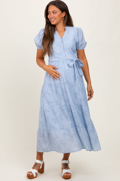 Light Blue Split Neckline Tiered Maternity Midi Dress