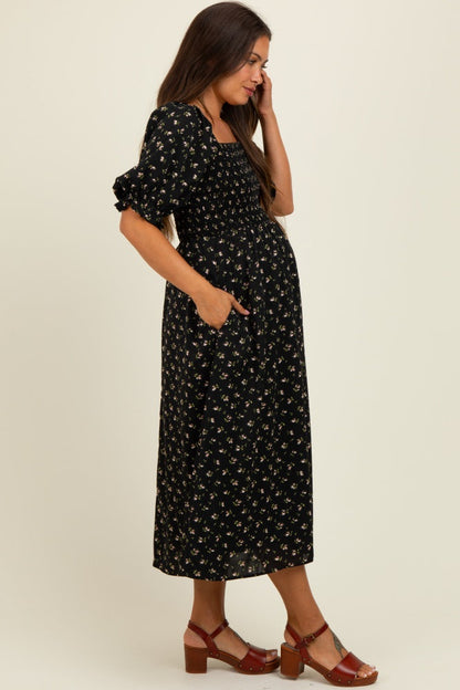 Black Floral Smocked Puff Sleeve Maternity Midi Dress