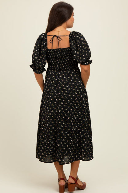 Black Floral Smocked Puff Sleeve Maternity Midi Dress