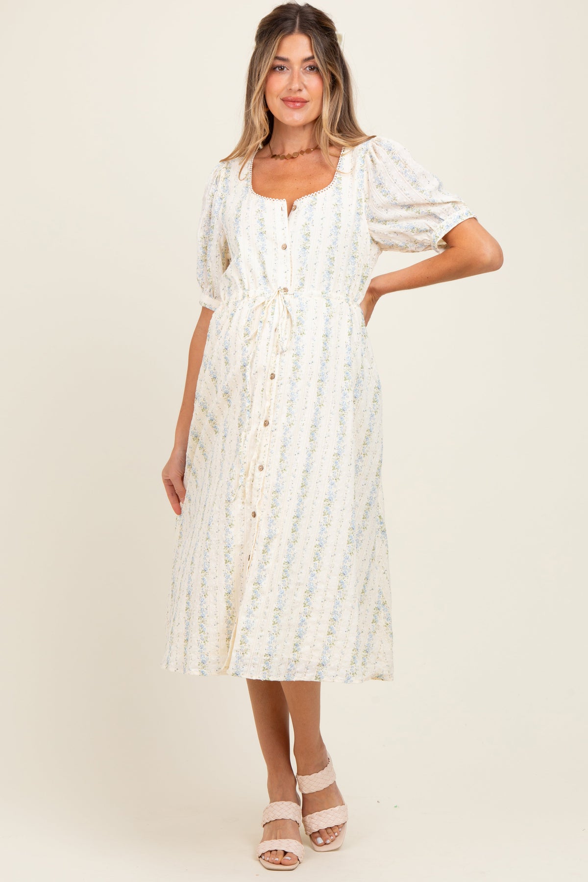 Light Blue Swiss Dot Floral Print Button Down Maternity Midi Dress
