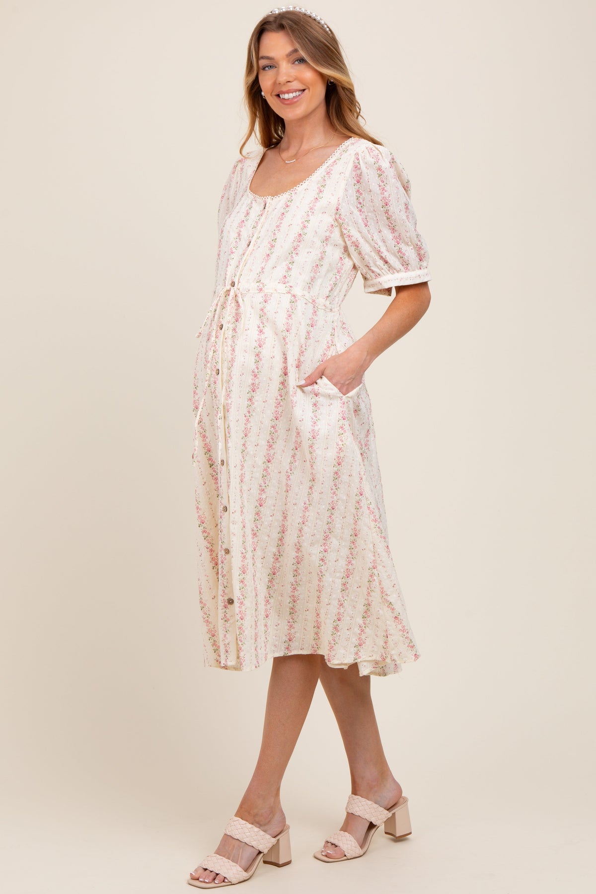 Light Pink Swiss Dot Floral Print Button Down Maternity Midi Dress