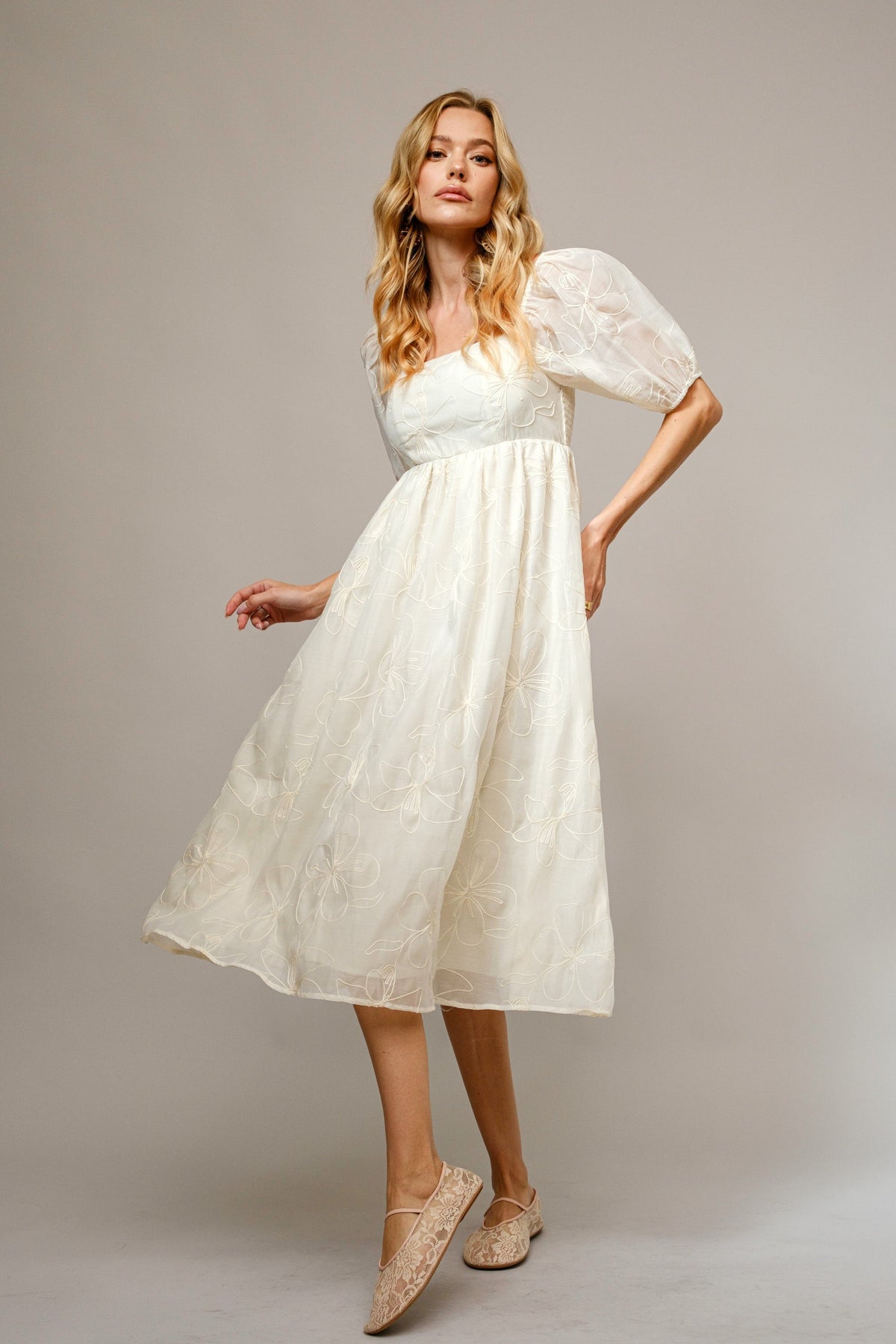 Cream Embroidered Floral Puff Sleeve Maternity Midi Dress