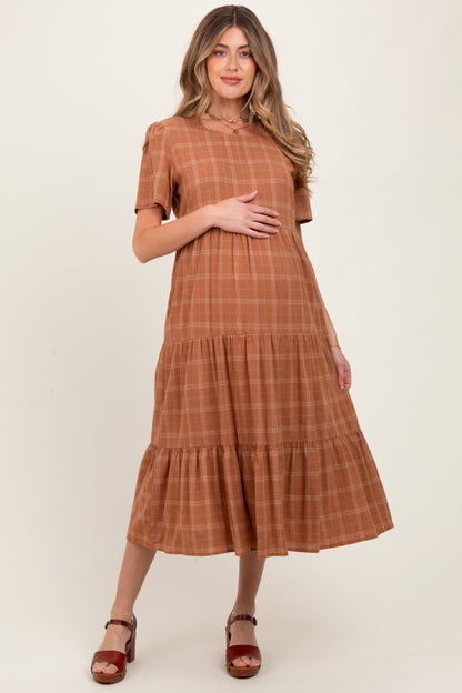 Rust Plaid Tiered Short Sleeve Maternity Dress