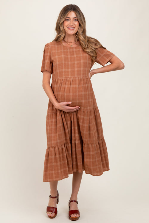 Rust Plaid Tiered Short Sleeve Maternity Dress