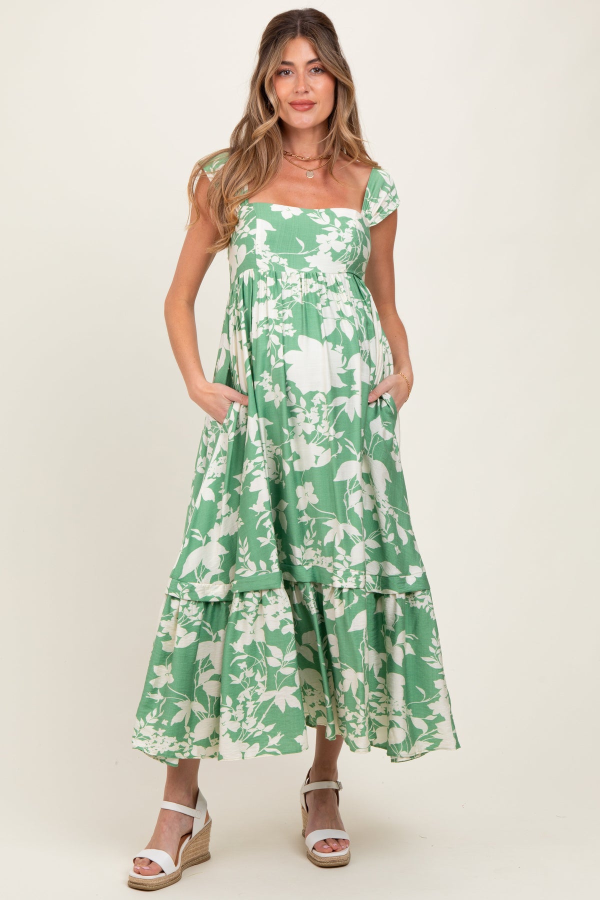 Mint Green Floral Square Neck Maternity Midi Dress
