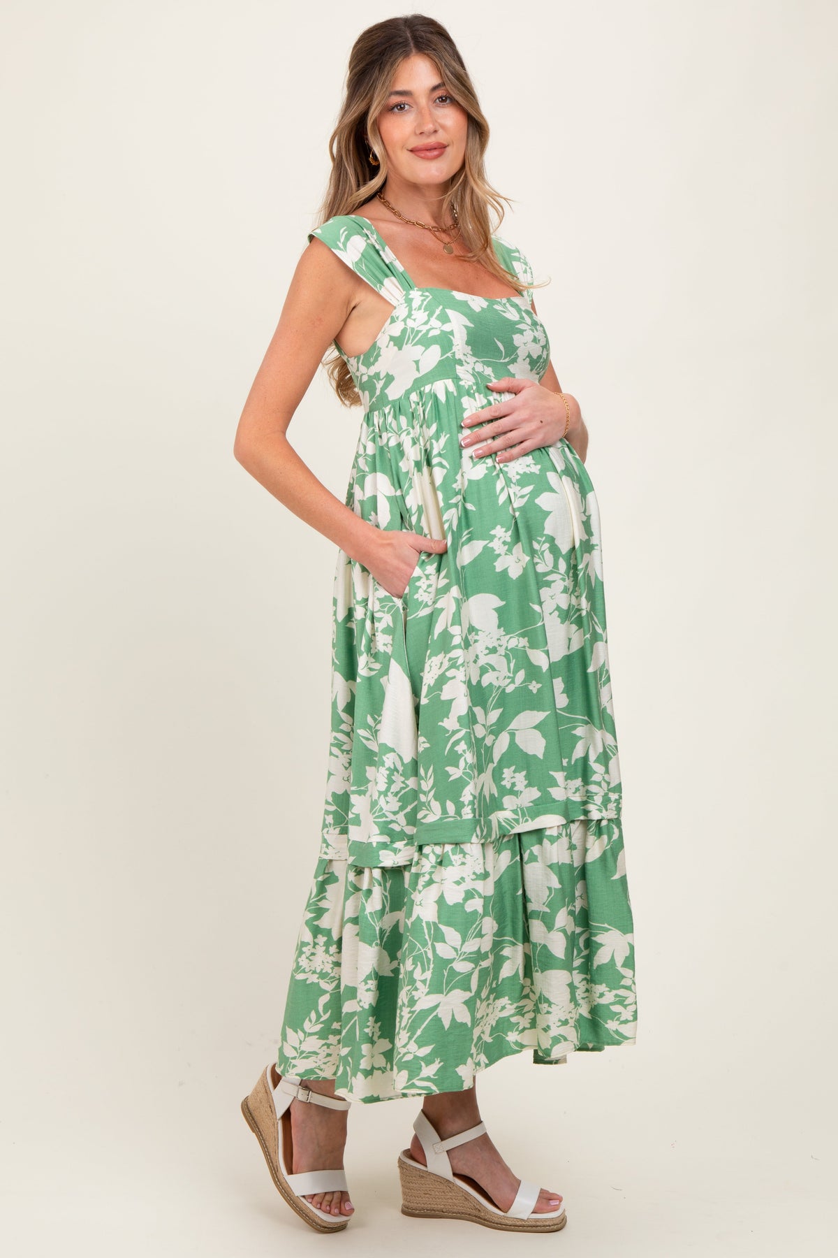 Mint Green Floral Square Neck Maternity Midi Dress