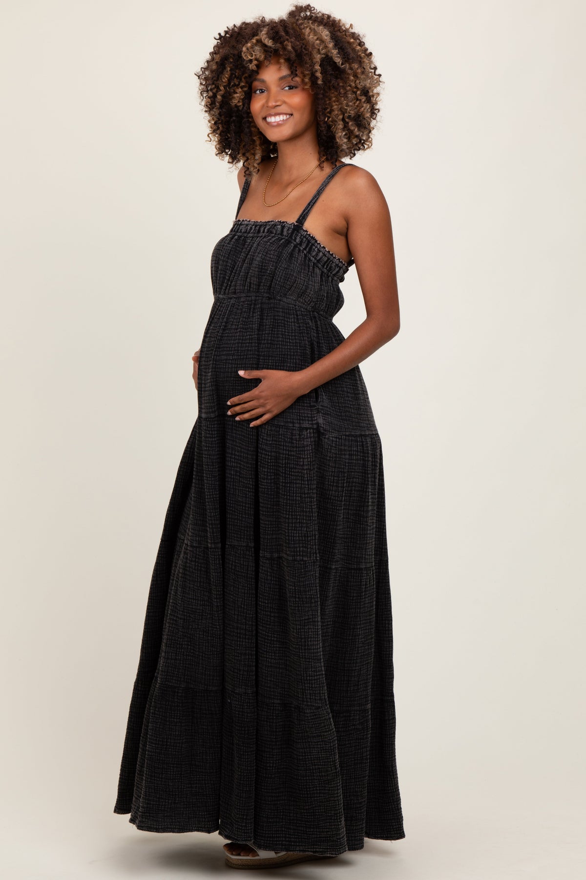 Black Tiered Sleeveless Maternity Maxi Dress