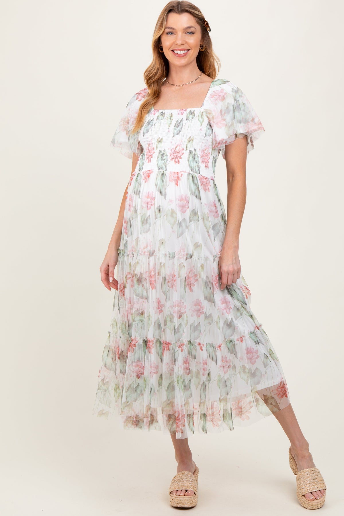 Ivory Floral Mesh Smocked Maternity Midi Dress