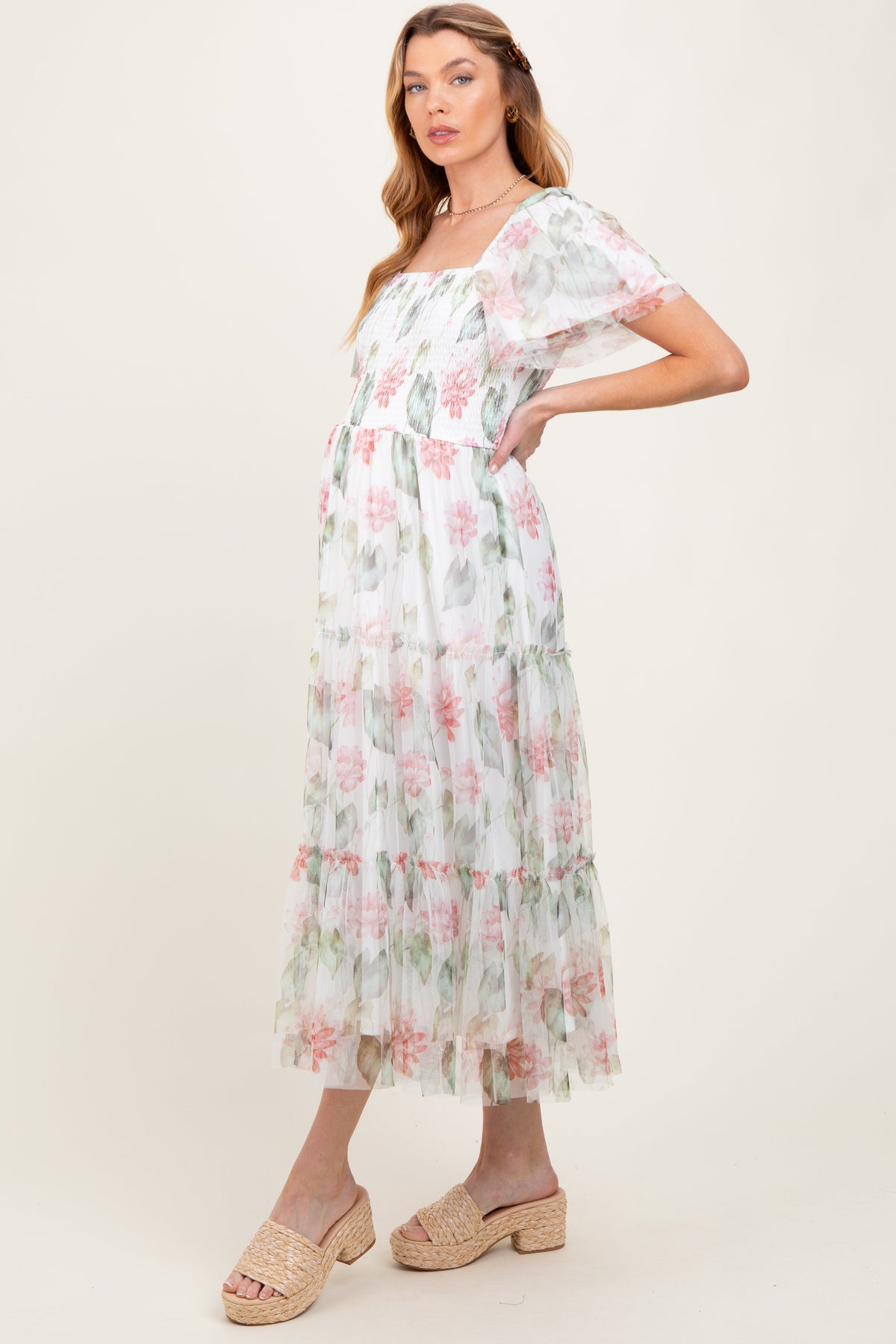 Ivory Floral Mesh Smocked Maternity Midi Dress