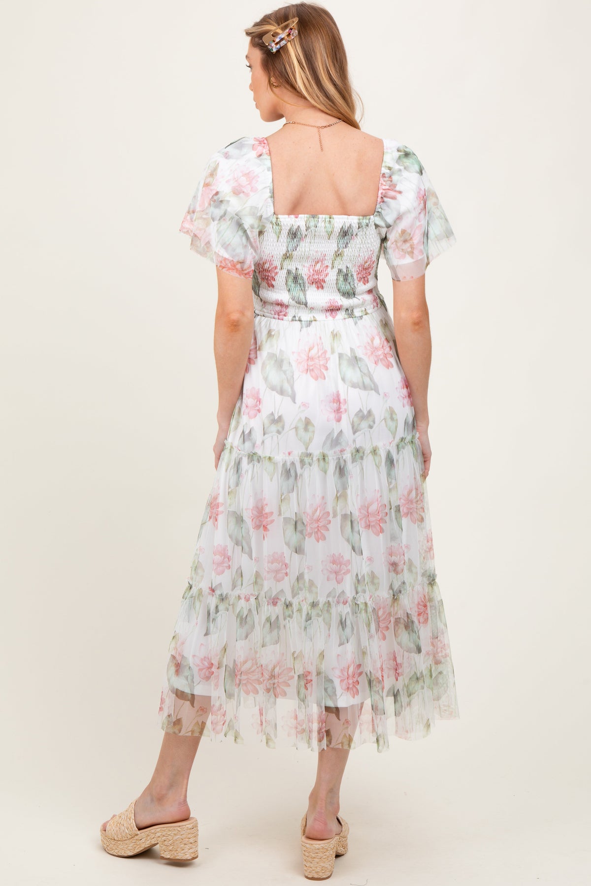 Ivory Floral Mesh Smocked Maternity Midi Dress