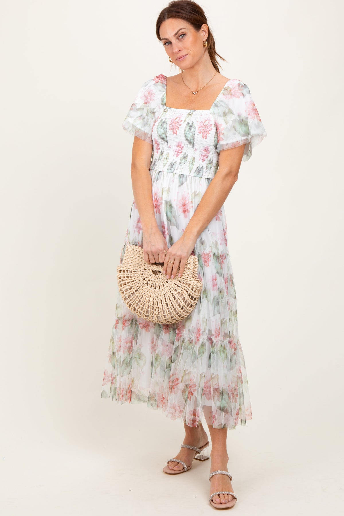 Ivory Floral Mesh Smocked Maternity Midi Dress