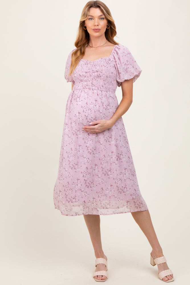 Lavender Floral Smocked Short Sleeve Maternity Midi Dress