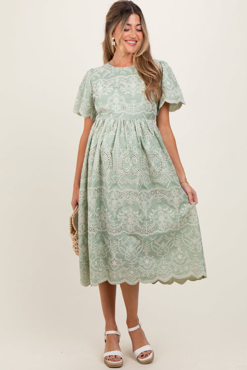 Light Olive Floral Embroidered Tied Waist Maternity Midi Dress