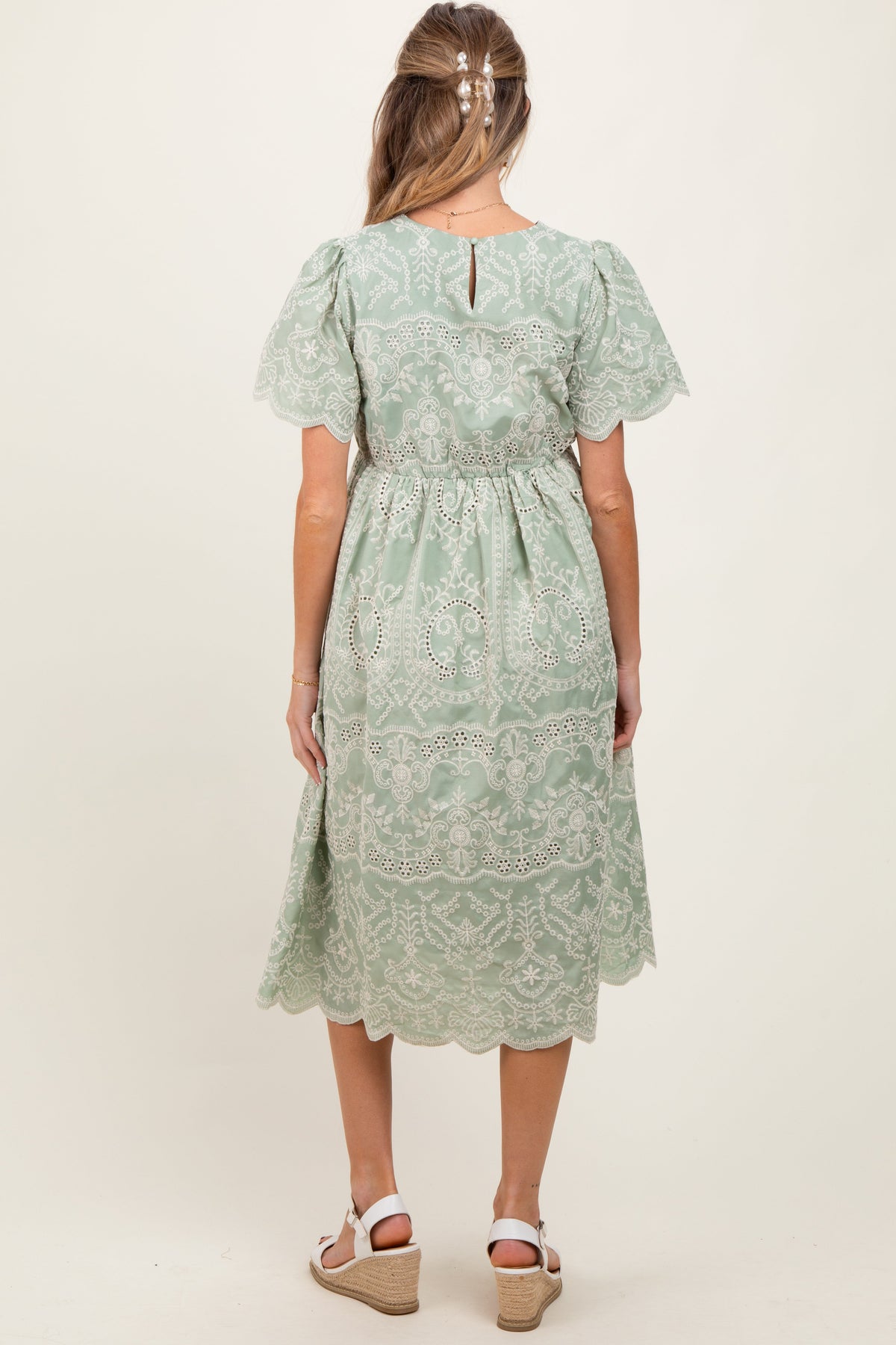 Light Olive Floral Embroidered Tied Waist Maternity Midi Dress